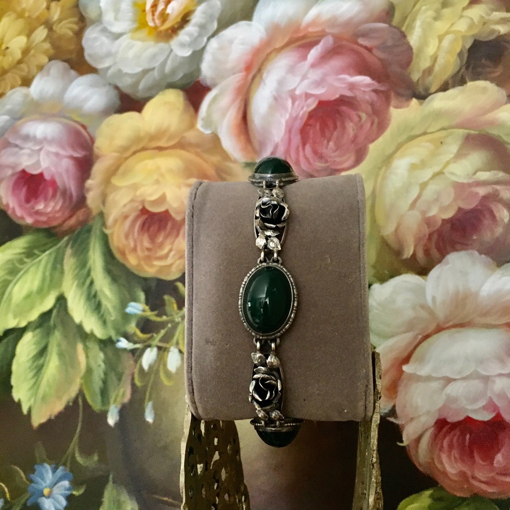 Vintage Art Deco German Sterling Silver Chrysoprase Rose Bracelet